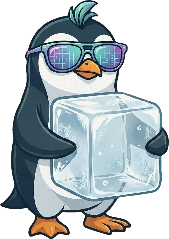 Pinguim mascote de óculos escuros segurando um cubo de gelo